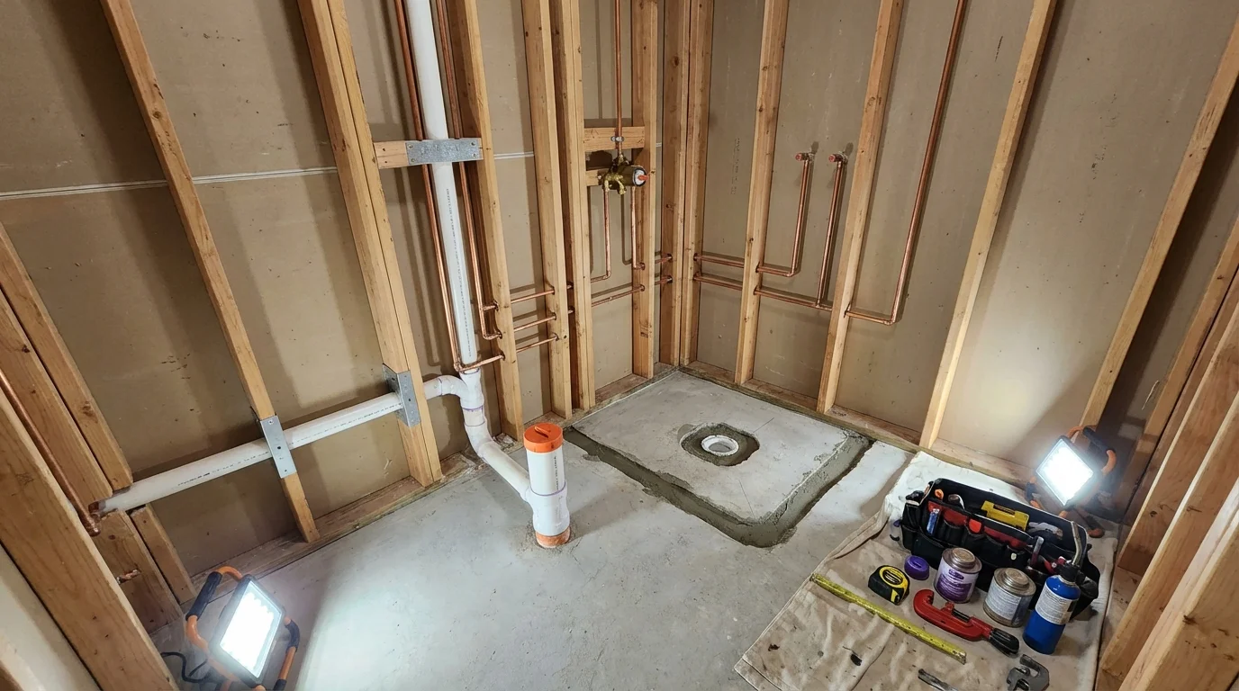 Bathroom rough-in plumbing during remodel by Johns Plumbing LLC in Cockeysville