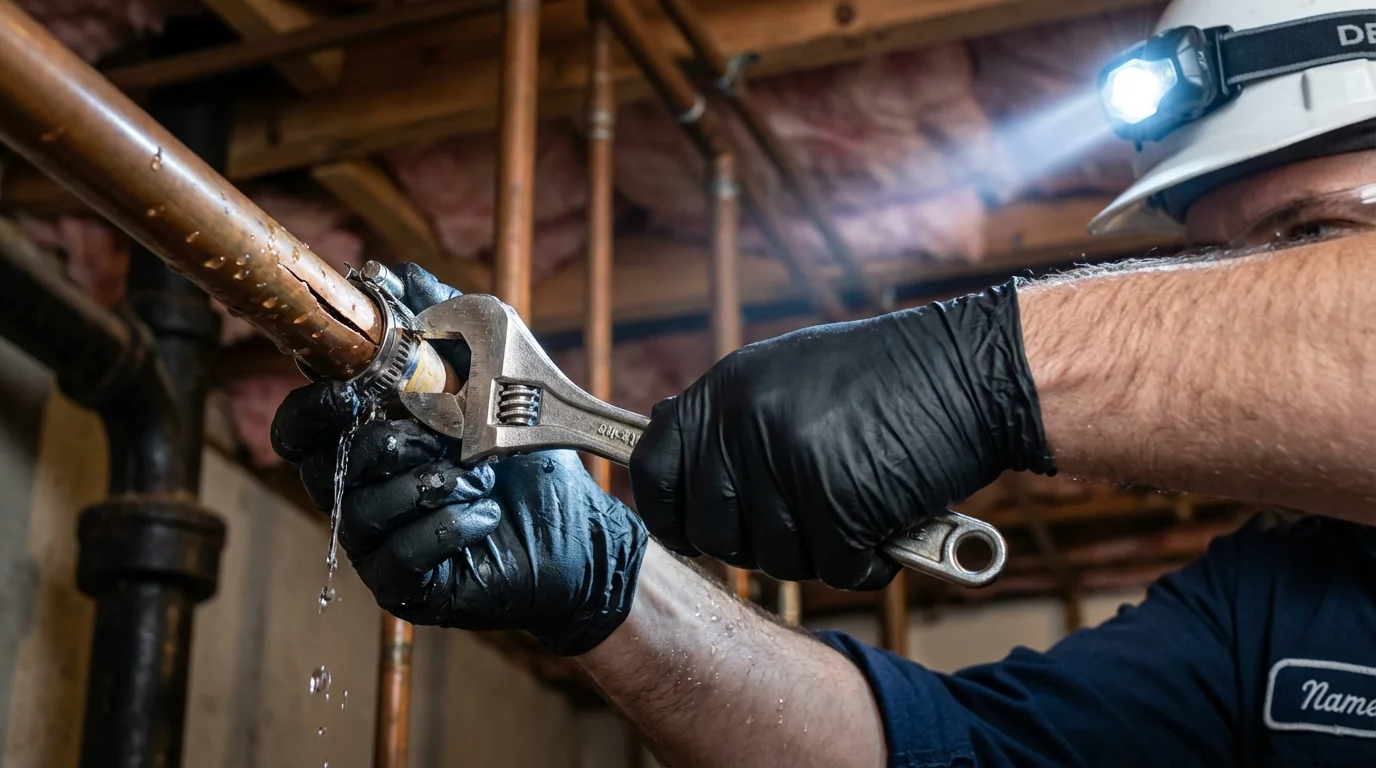 Emergency pipe clamp repair being performed by a Johns Plumbing LLC plumber in Cockeysville