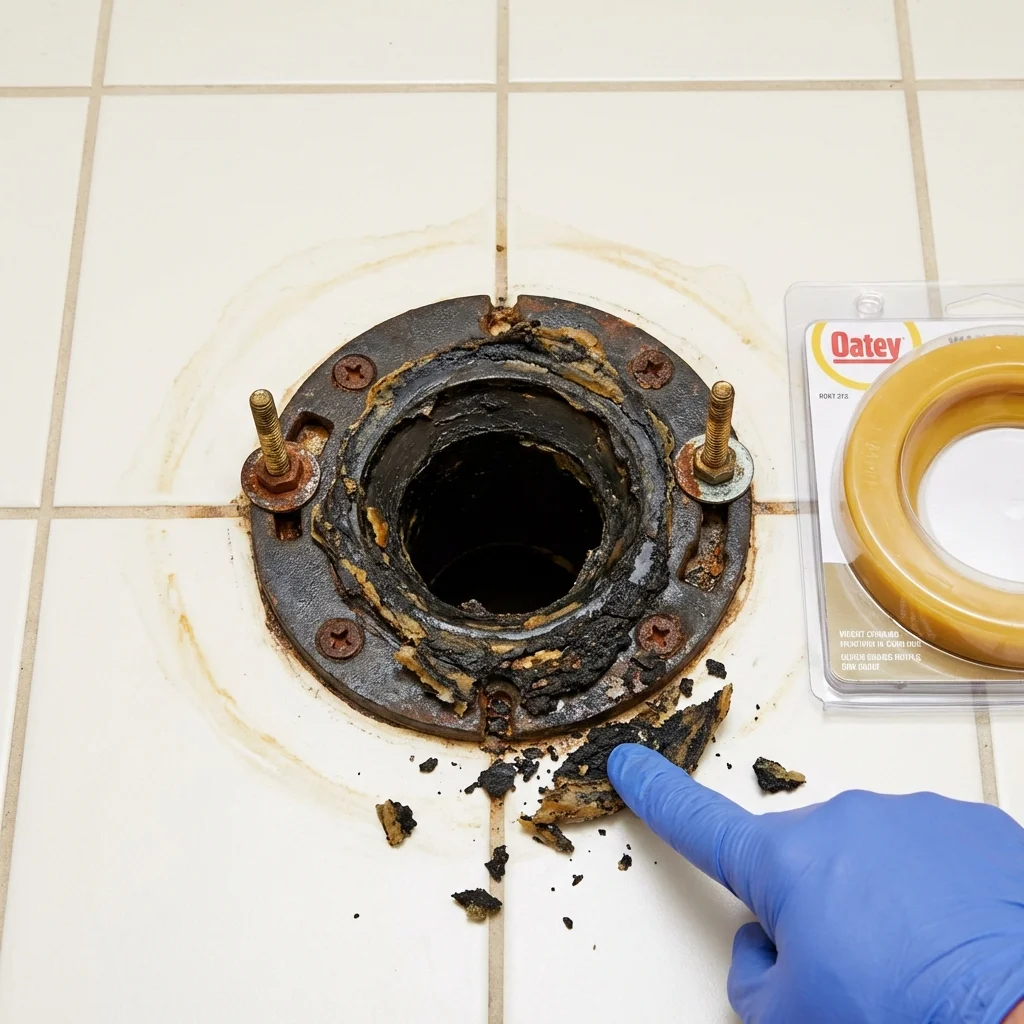 Failed wax ring showing water seepage at the base of a toilet in a Cockeysville, MD home