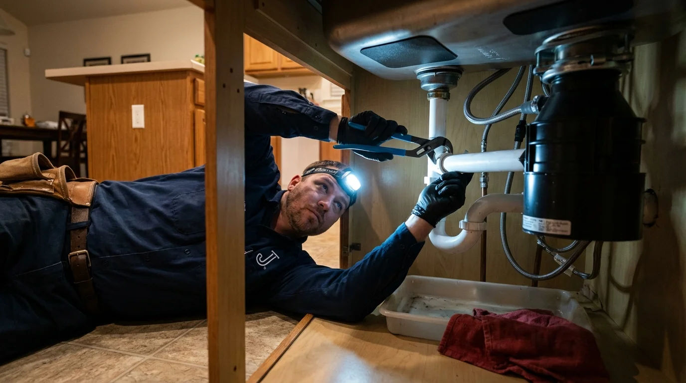 P-trap and supply line connections under a kitchen sink showing a common leak point in Cockeysville, MD